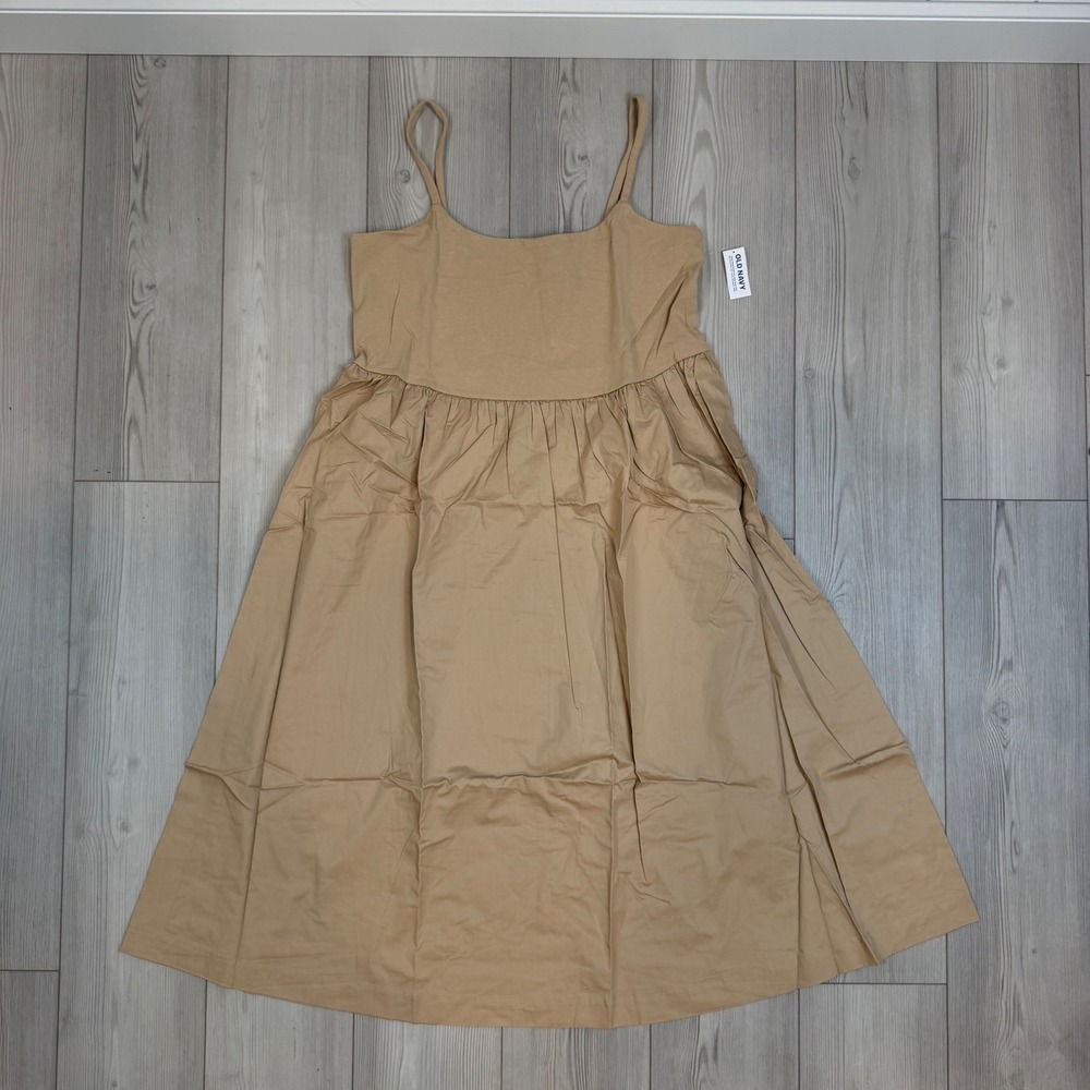 NWT Old Navy Fit & Flare Combination Midi Dress Dried Linen Tan XXL 559606